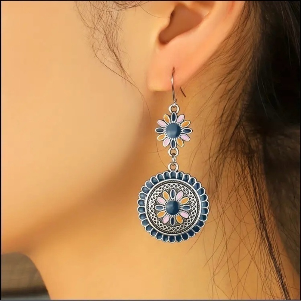 Blue Floral Medallion Earrings - Picture 2 of 3